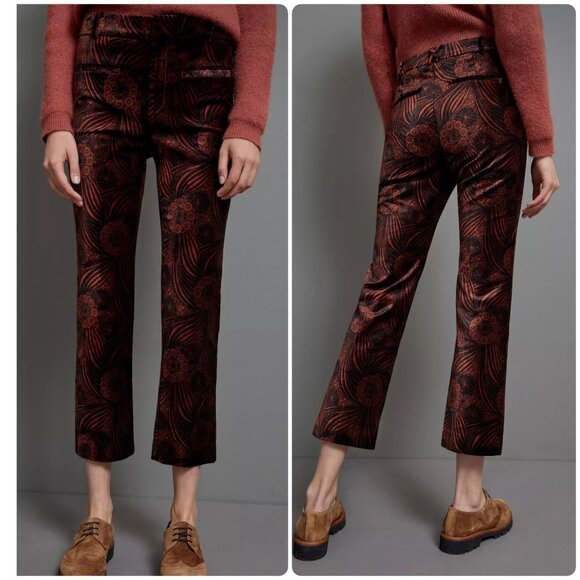 Anthropologie Fall Floral Velvet Kick Flare Pants Women 8 Brown Preppy Burnout - Picture 1 of 16